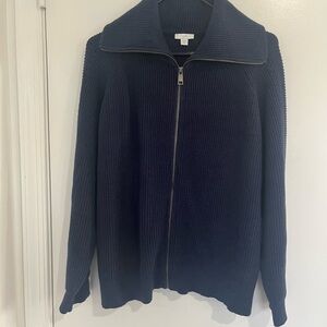 J.Jill Navy Chunky Knit Zip Sweater Cardigan Petite XL Chic Knitwear Fall Winter